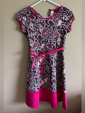 Girls Navy and Hot Pink Paisley Belted Dress, Brand 2-hip by Wrapper, Size 12
